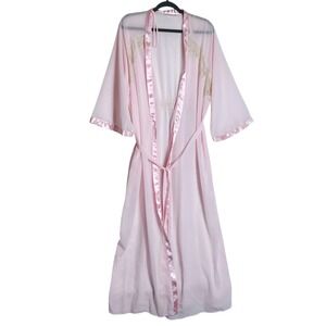 Valerie Stevens Pink Sheer Lace Trim Long Wrap Robe XL Satin Trim Nightwear